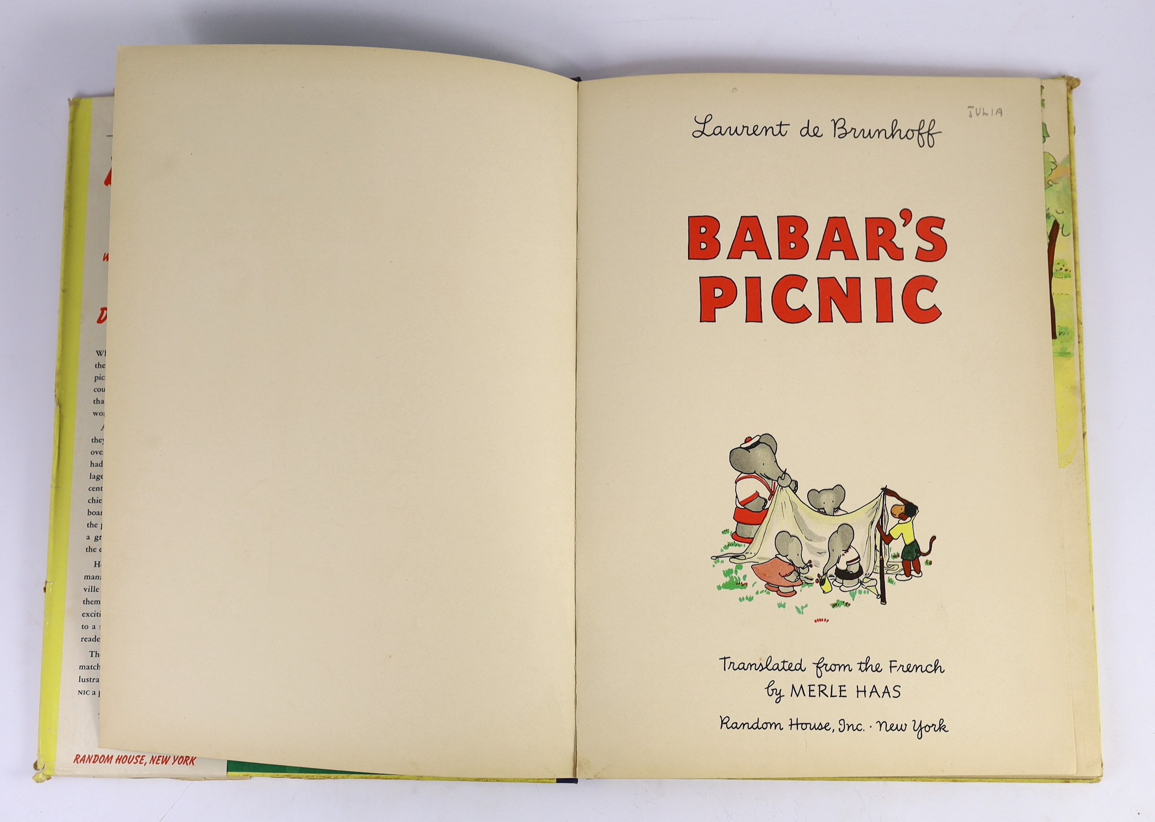 Brunhoff, Laurent de -2 works - Babar’s Picnic, folio, pictorial boards with d/j, translated by Merle Haas, Random House, New York, 1947 and Babar’s Visit to Bird Island, folio, pictorial boards, Methuen & Co., Ltd, Lond